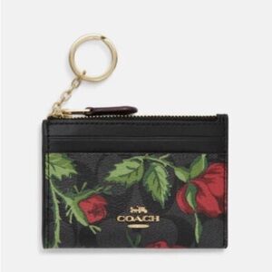 NEW Coach Black and Red Floral Key Chain Wallet